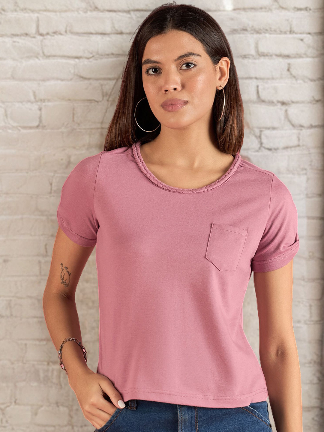 DressBerry Slit Sleeves Braided Edges Cotton Top