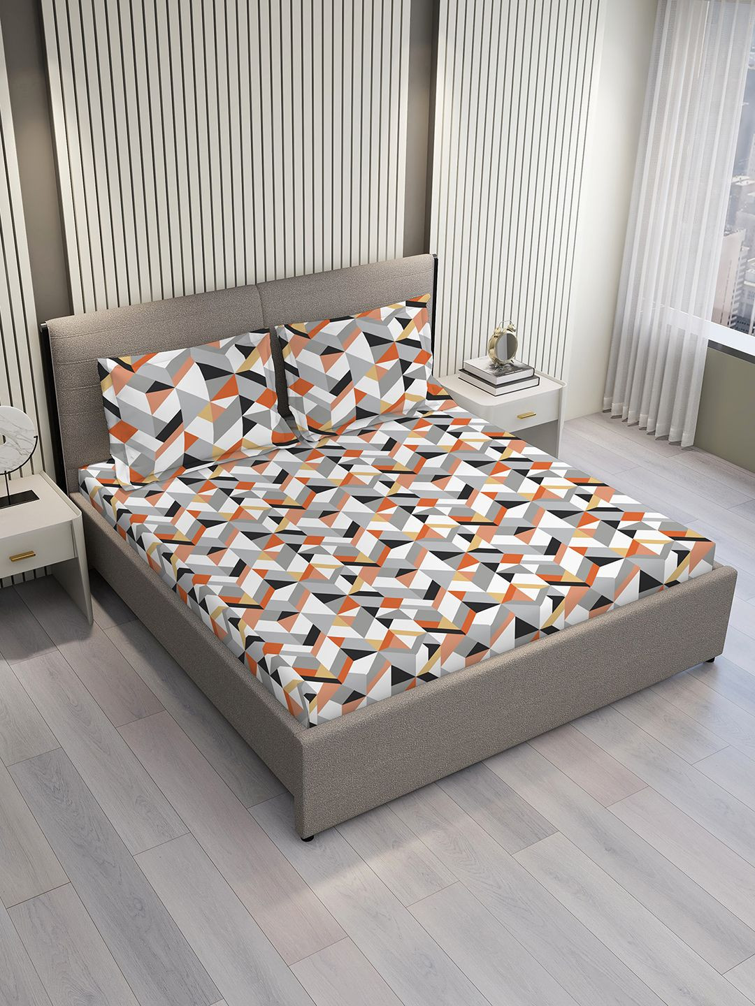 Layers Argos White 225 CVC Geometrical Print King Bedsheet & Pillow Covers 2.74 m x 2.74 m