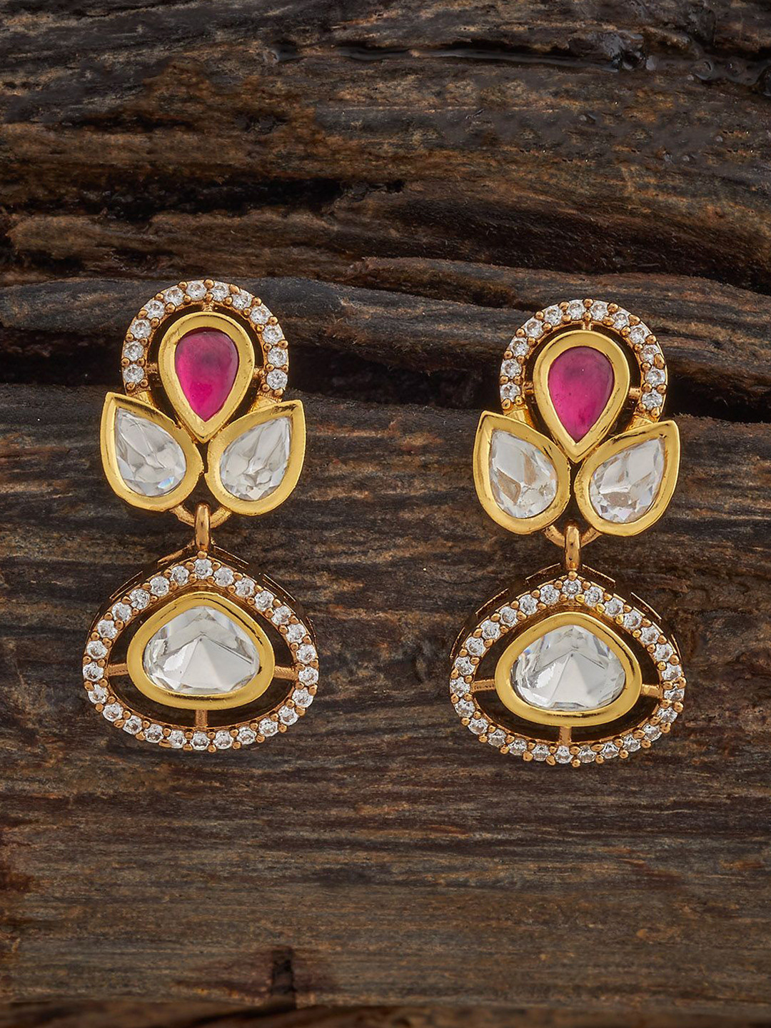 Kushal's Fashion Jewellery Victorian-Plated Kundan Studded Floral Shaped Drop Earrings