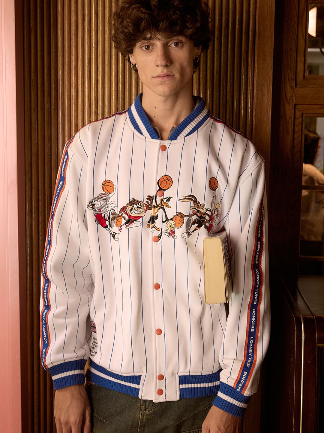 Bonkers Corner Men Stand Collar Graphic Printed Cotton Casual Varsity Jacket