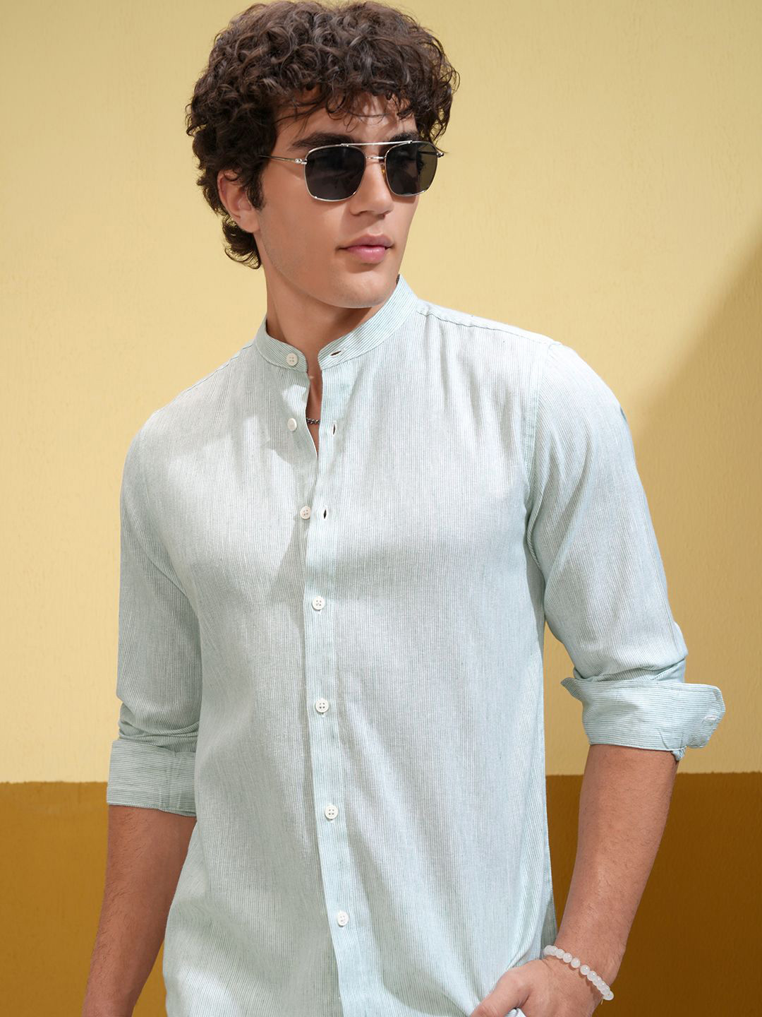 HIGHLANDER Men Linen Fancy Yarn Striped Mandarin Collar Slim Fit Casual Shirt