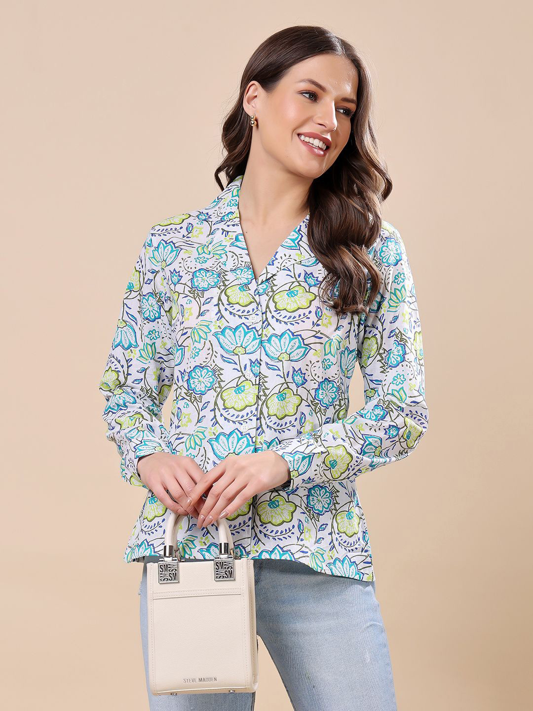 Cation Women Classic Fit Cuban Collar Floral Printed Cotton Casual Shirt