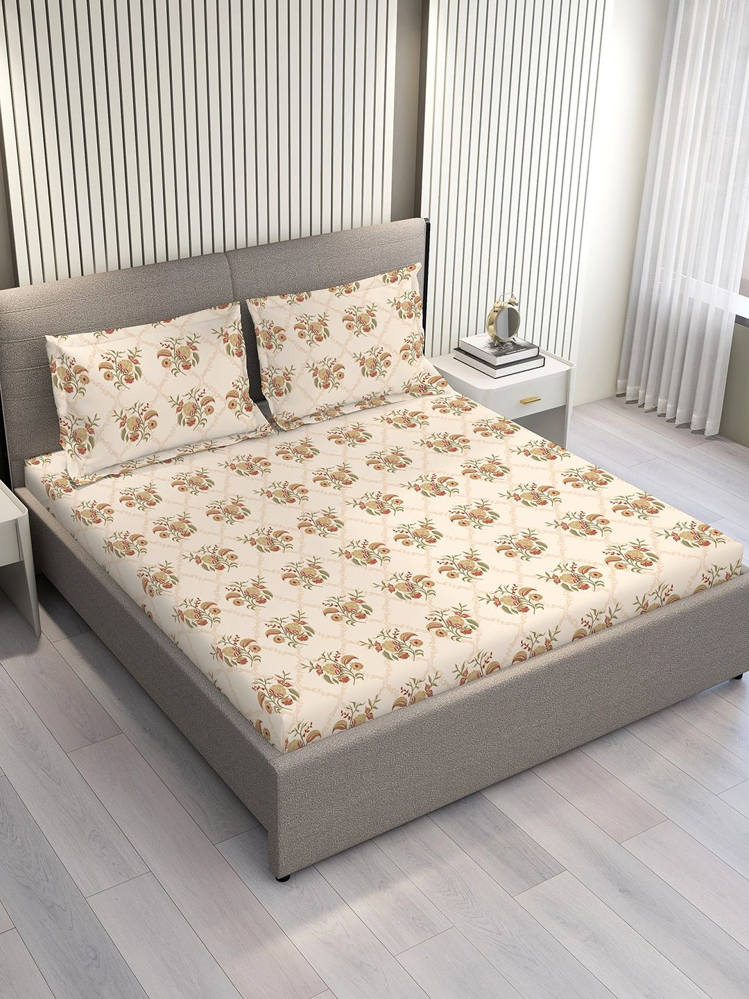 Layers Home Easy Beige 100% Cotton 144 TC Floral Print King Bedsheet Set 2.74 m x 2.74 m
