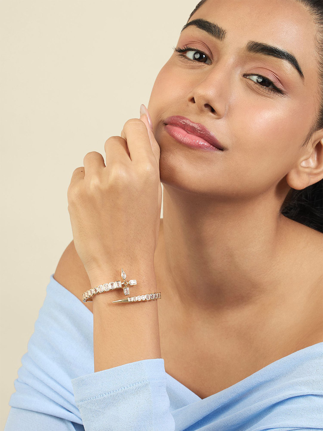 Isharya Women Brass 18KT Gold-Plated Cubic Zirconia Stone Studded Open Cuff Bracelet