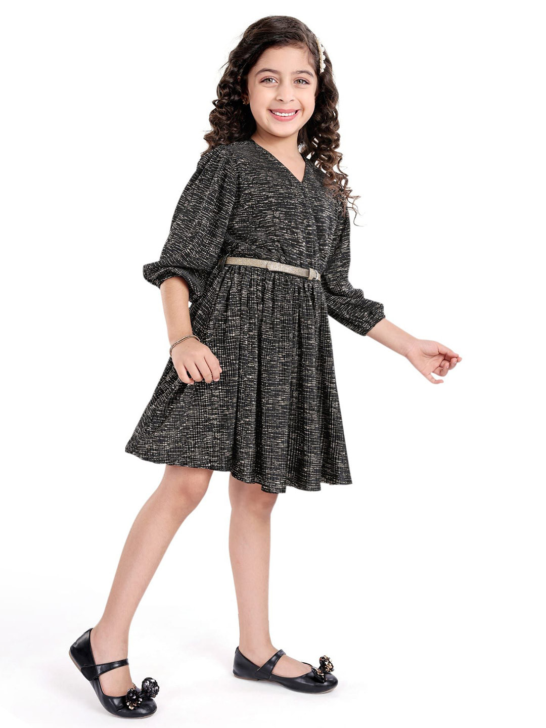 Hola Bonita Girls V-Neck Puff Sleeves Wrap Dress