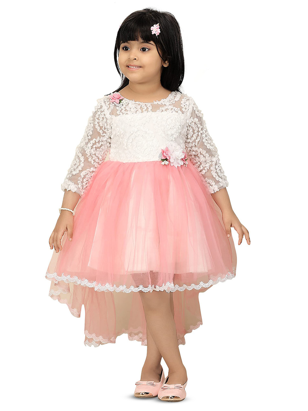 Ministitch Girls Lace Pink Net Fit & Flare Dress