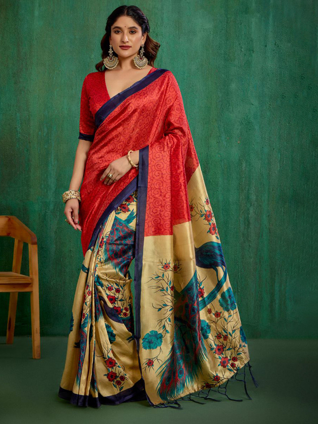Sangria Red Mysore Art Silk Peacock Print Ready to Wear Saree