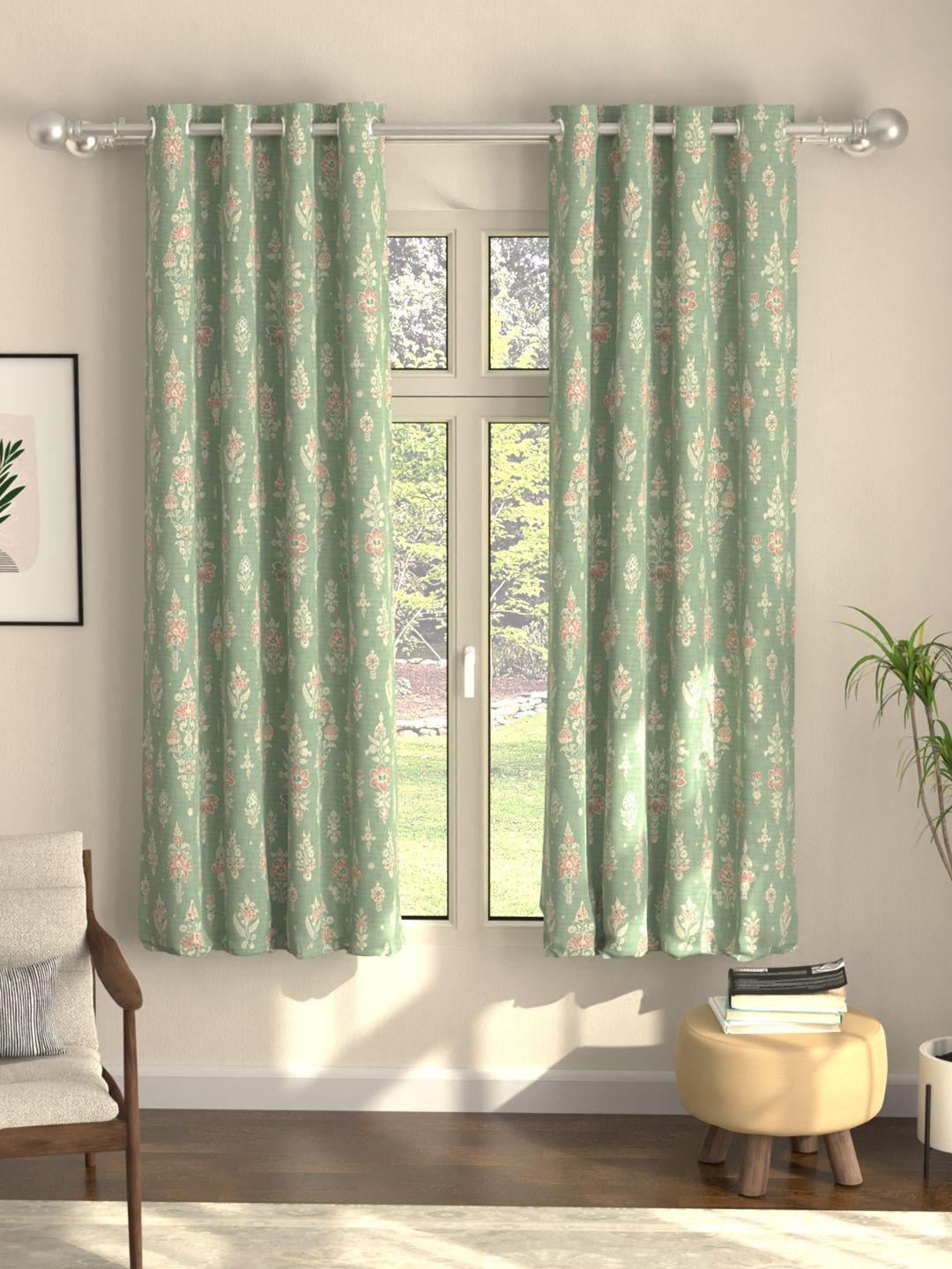 URBAN SPACE Green Pack of 2 Floral Printed Digital Imperial Sage Black Out Window Curtains