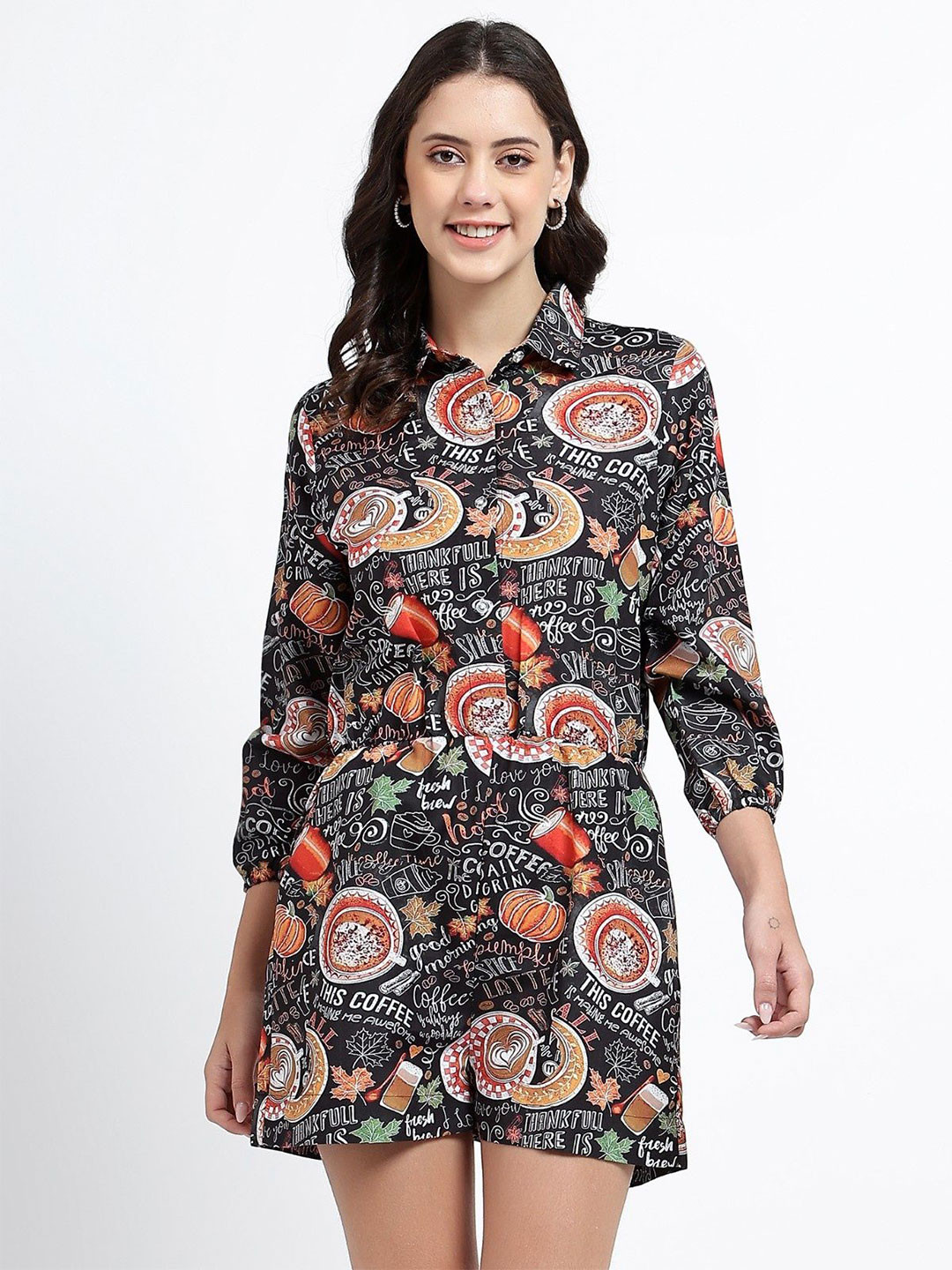 STITCH MONKEY Women Floral Shirt Coffee Design Printed Play Suit Mini Dress