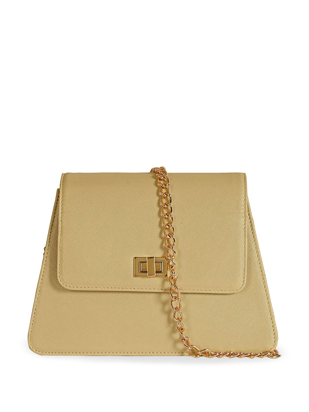 eske Women Gold Solid Twist Lock Chain Strap Trapeze Leather Shoulder Bag