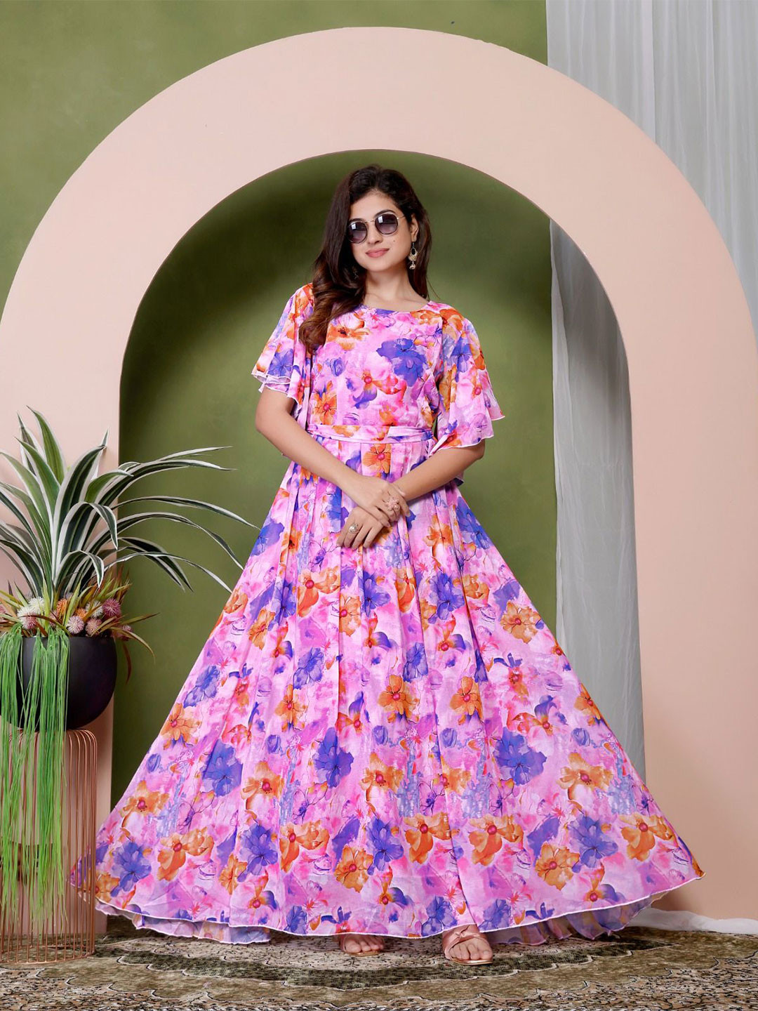 KD TEXFAB Floral Print Georgette Maxi Dress
