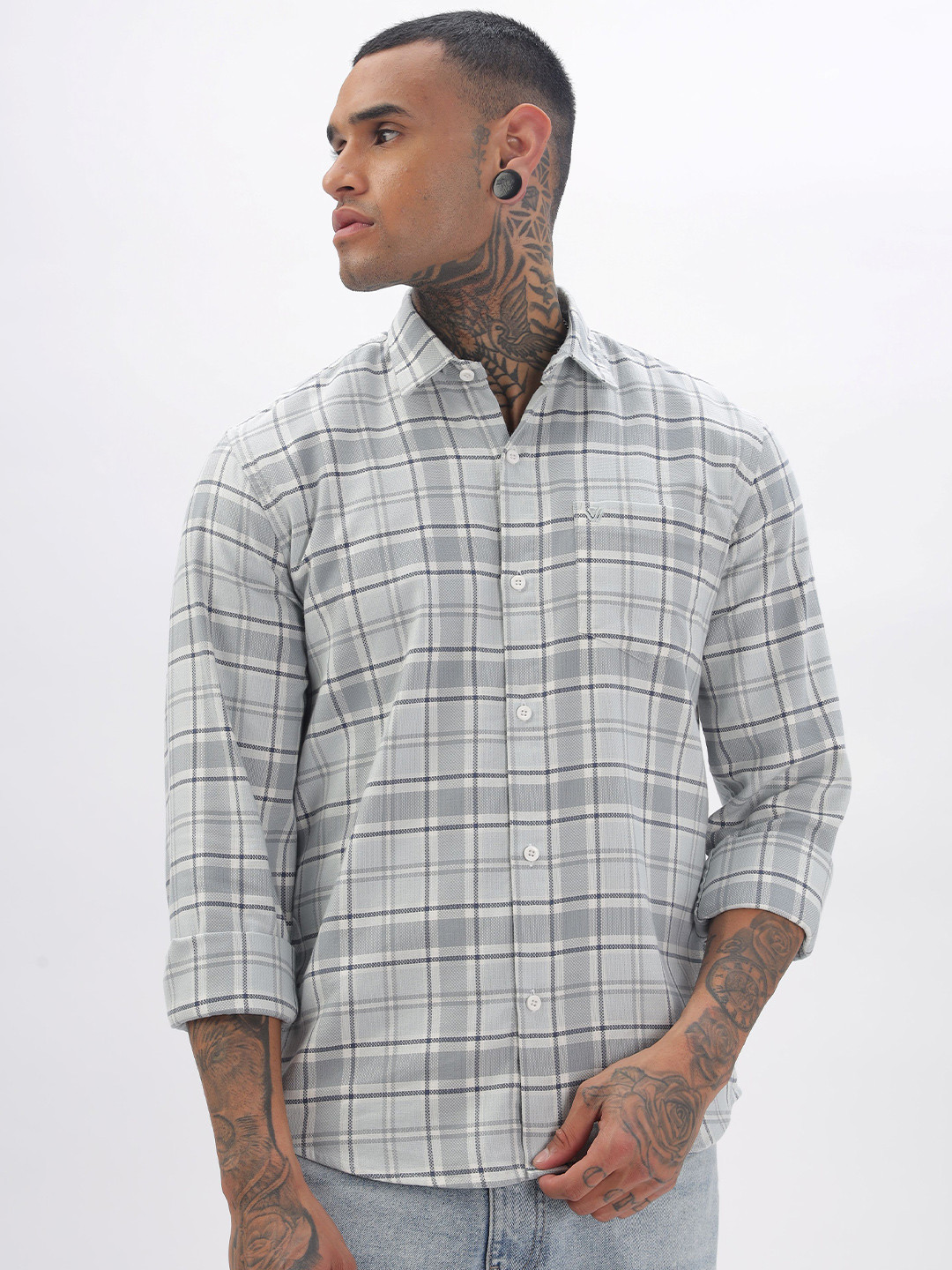 Grey Windowpane Checks Regular Fit Casual Shirt