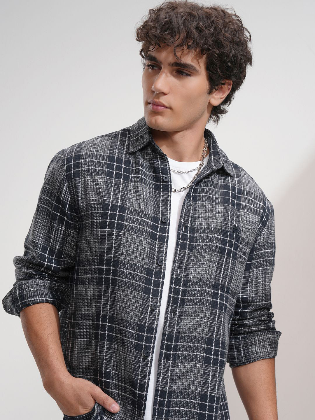 HIGHLANDER Men Cavalry Twill Textured Checked Relaxed Overshirt