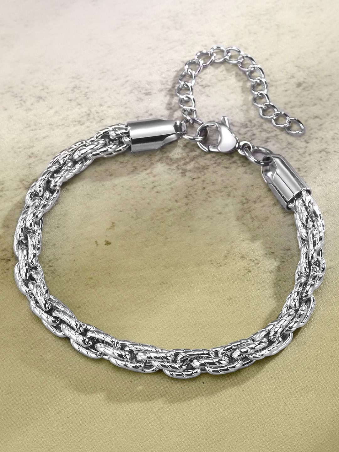 Peora Men Silver-Plated Stainless Steel Openable Fancy Link Bracelet