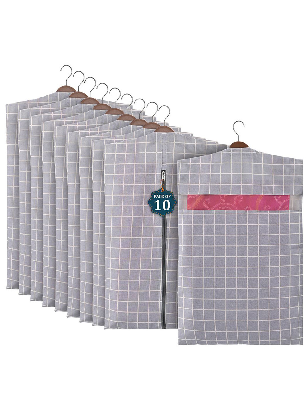 Kuber Industries Light Grey 10 Pcs Mesh Cotton Hanging Saree Cover Storage Organisers