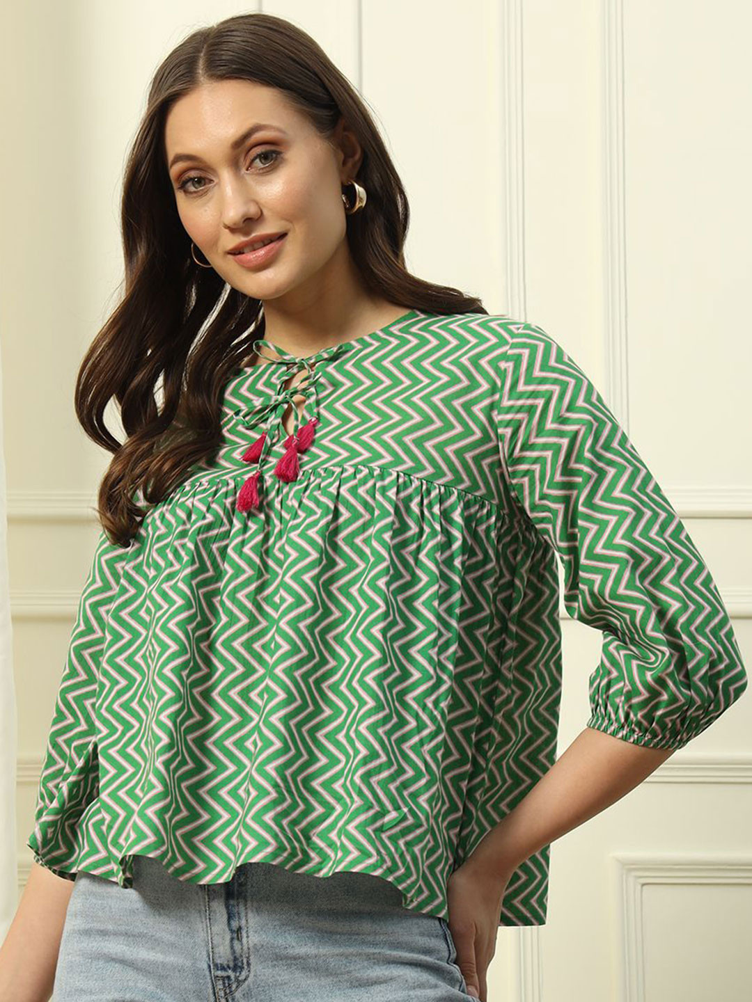 FIORRA Women Printed Tie-Up Neck Cotton Puffed Sleeves Peplum Top