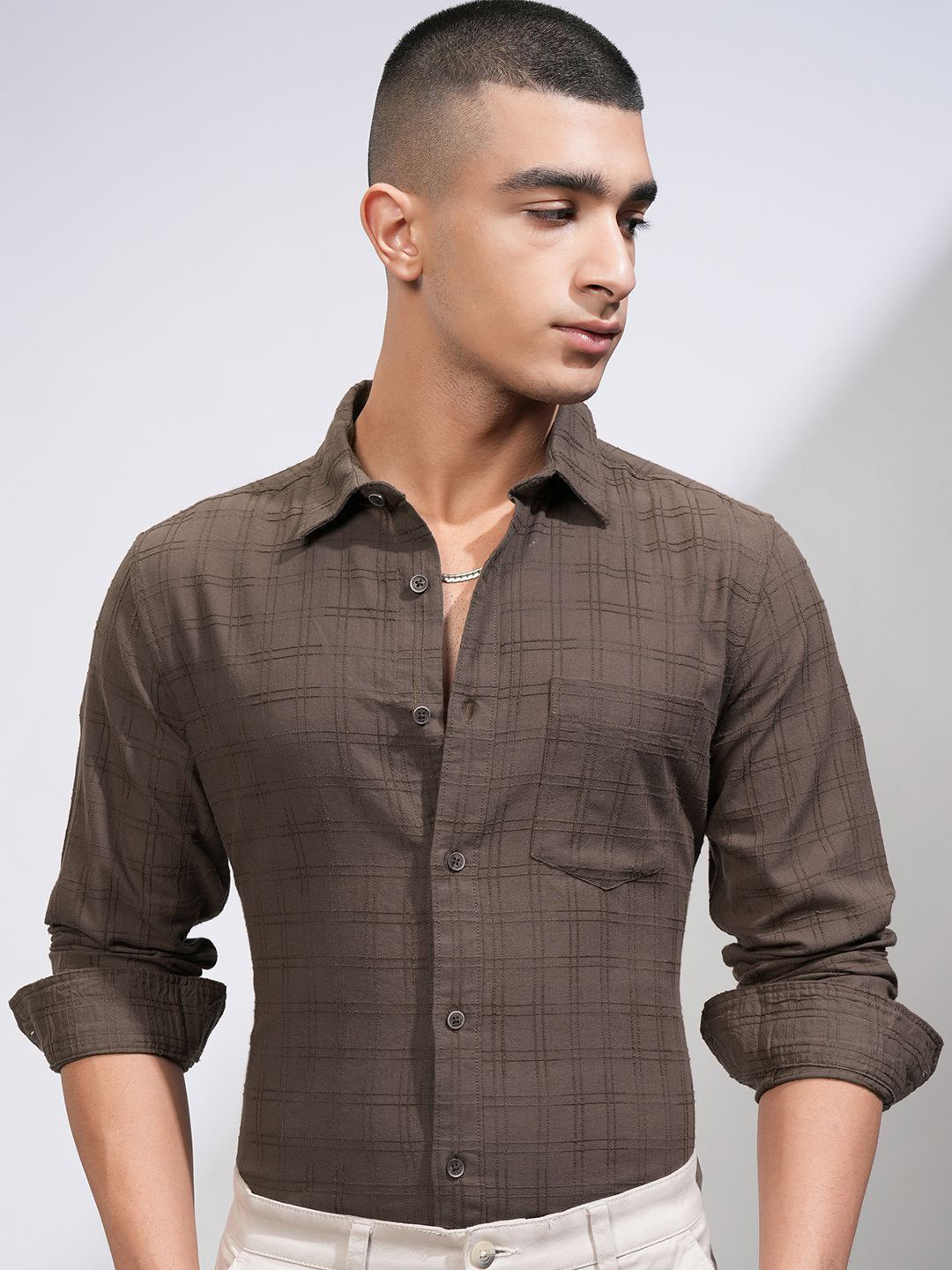 HIGHLANDER Men Fancy Yarn Textured Checked Slim FIt Casual Regular Fit Shirt