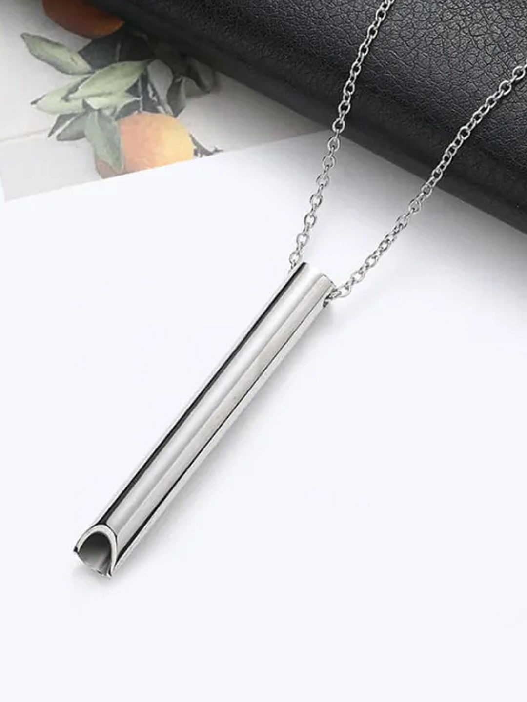 Peora Men Silver-Plated Stainless Steel 3D Bamboo Shape Vertical Stick Pendant with Chain