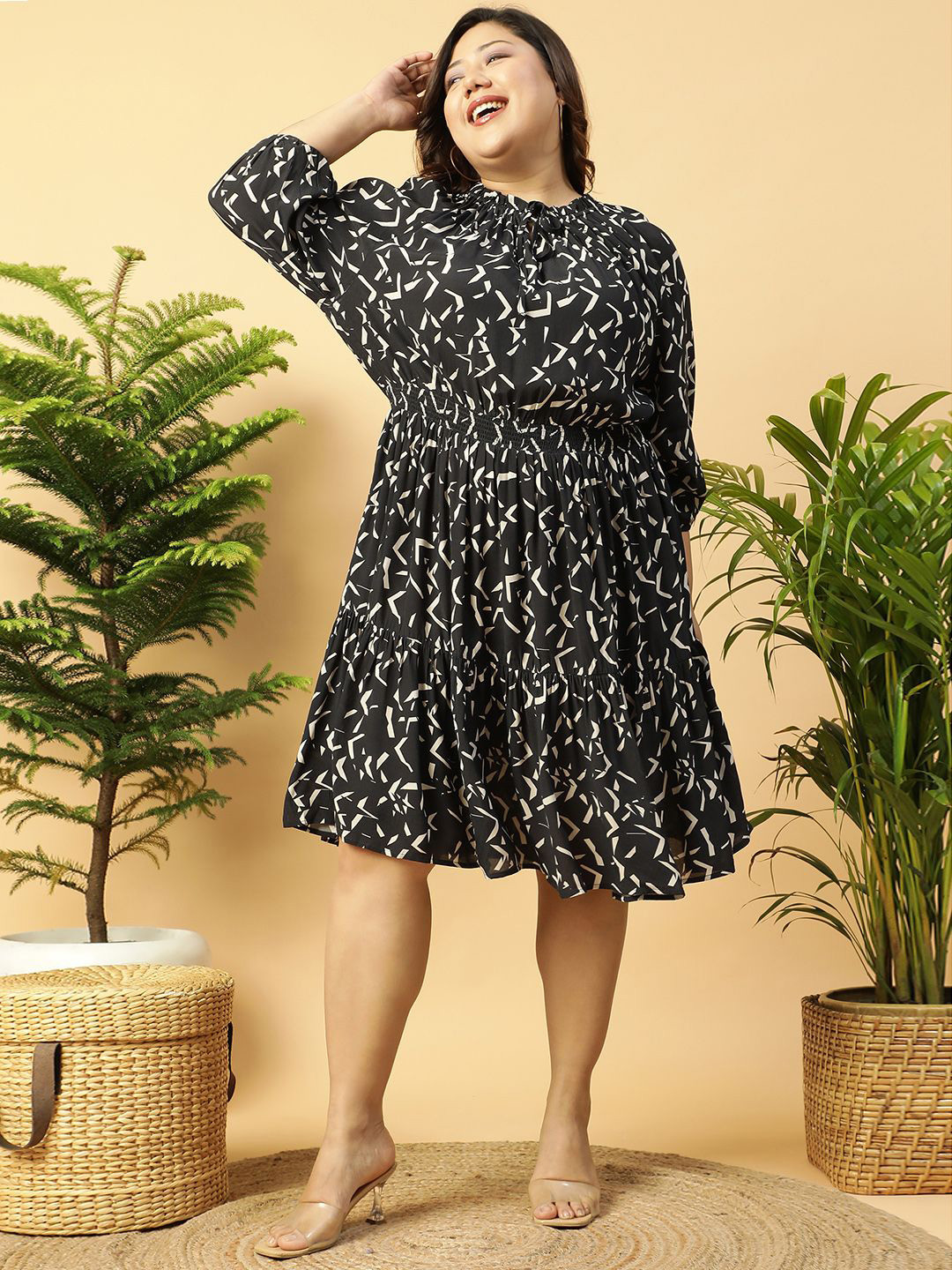 Oxolloxo Women Plus Size Printed 3/4 Sleeve Smocked Elasticated Rayon Dress