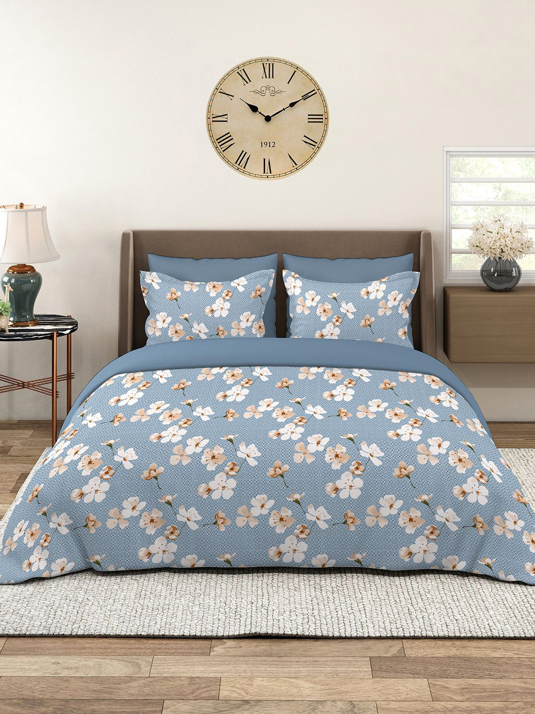 Layers Home Easy Blue 100% Cotton 144 TC Floral Print King Bedsheet Set 2.74 m x 2.74 m
