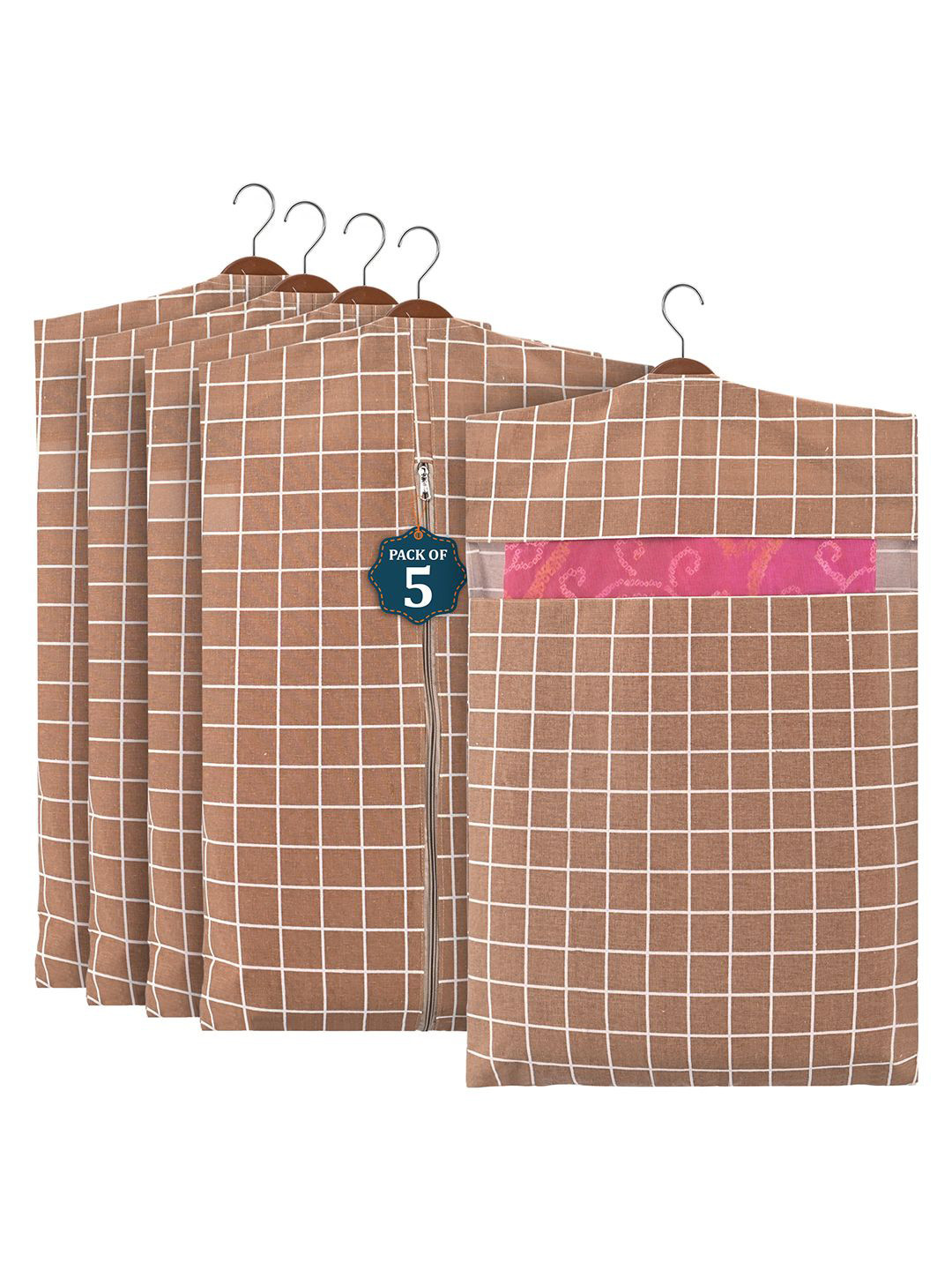Kuber Industries Brown 5 Pcs Mesh Cotton Hanging Saree Cover Storage Organisers