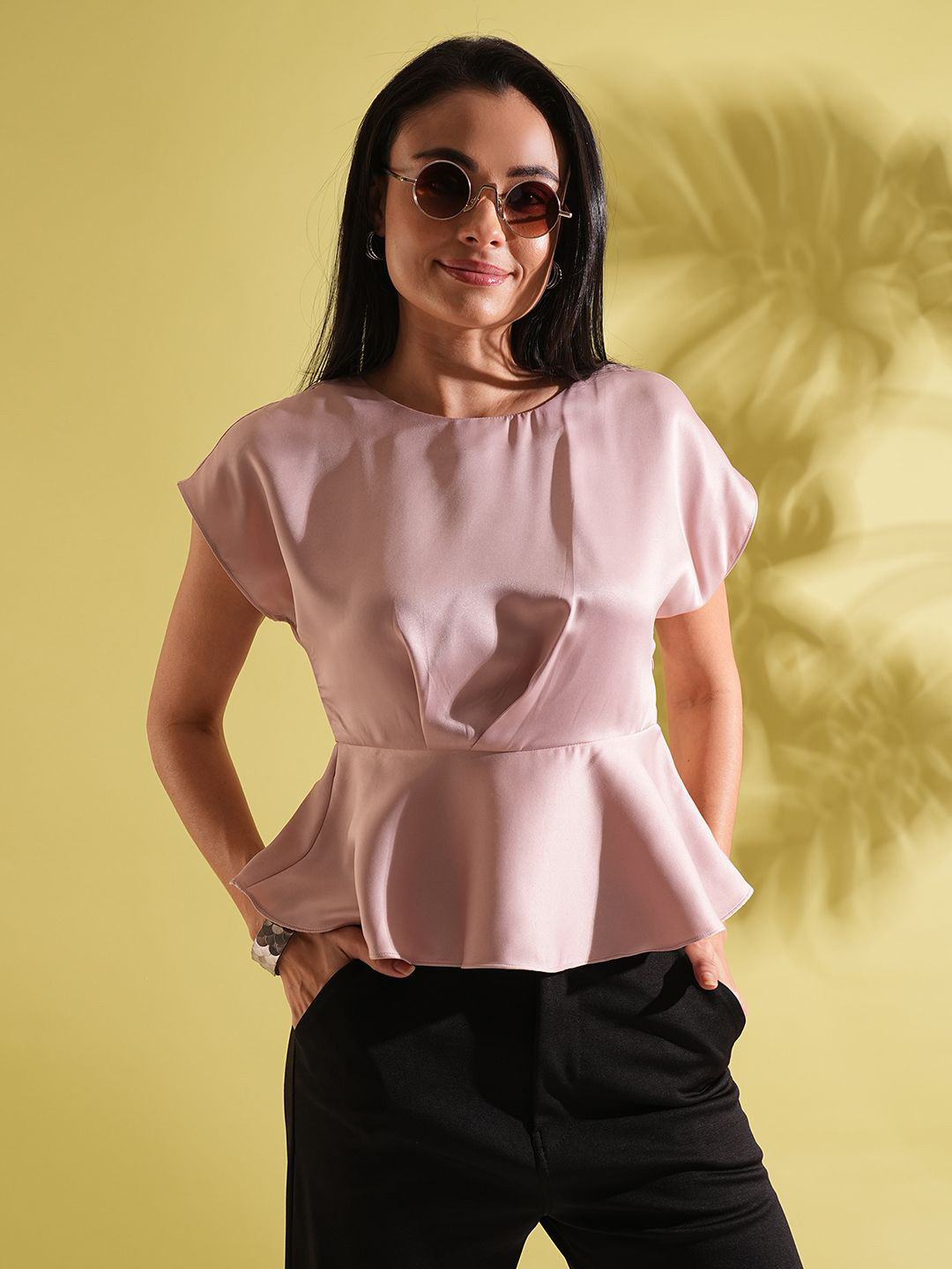 Globus Satin Round Neck Extended Sleeves Peplum Work Wear Top