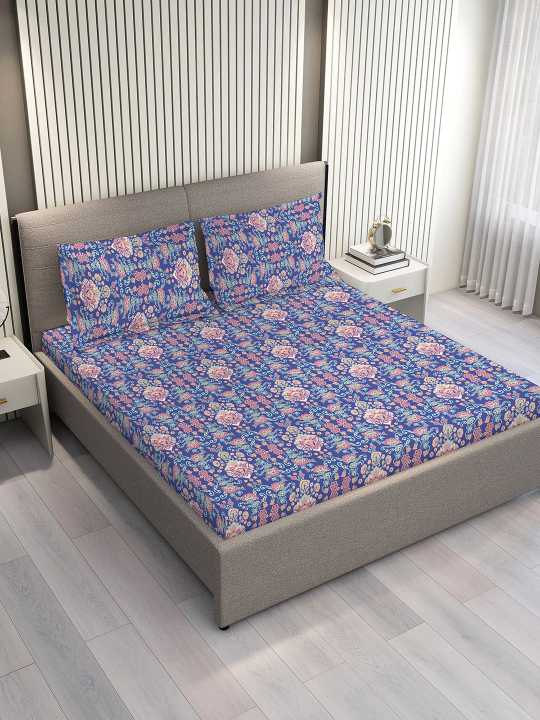 Layers Glory Blue 100% Cotton 144 TC Printed Double Bedsheet Set 2.54 m x 2.23 m