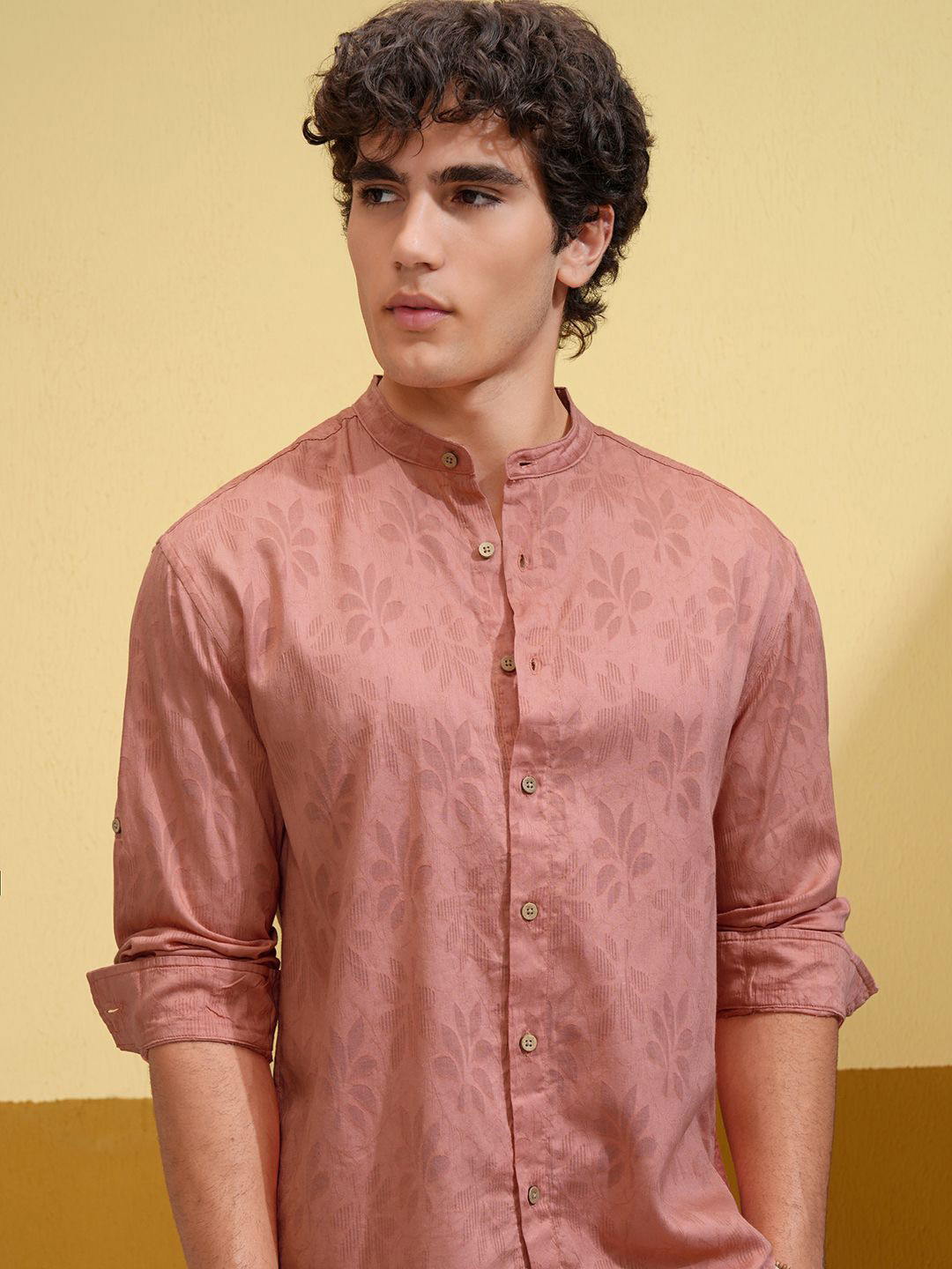 HIGHLANDER Men Cut Jacquard Textured Mandarin Collar Roll Up Sleeve Casual Relaxed Shirt