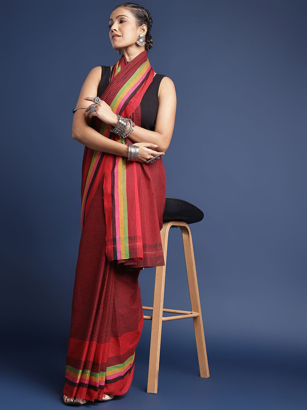 Taavi Dhaniakhali Striped Cotton Saree With Blouse Piece