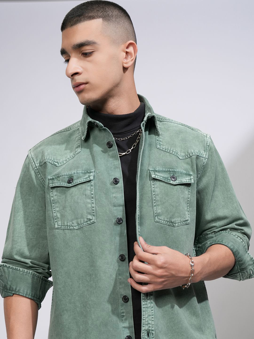 HIGHLANDER Men Oversized Dyed Washed Western Yoke Utility Pocket Denim Overshirt