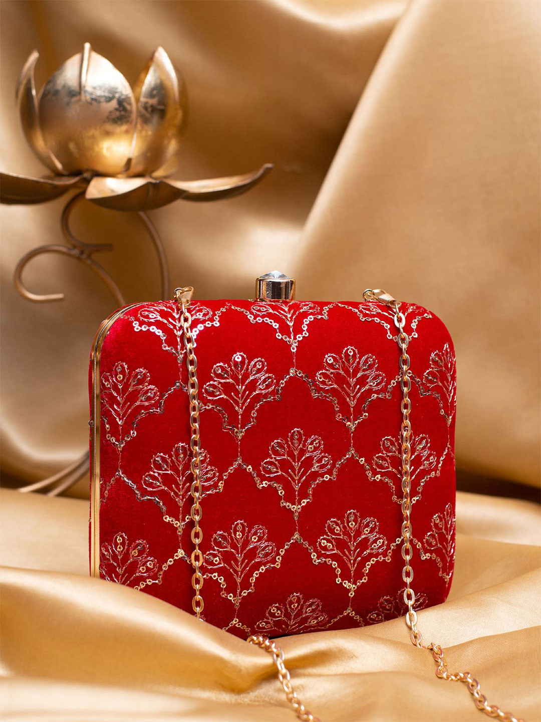 ARTKLIM Gold Toned Sequins Embroidered Box Clutch with Sling Chain