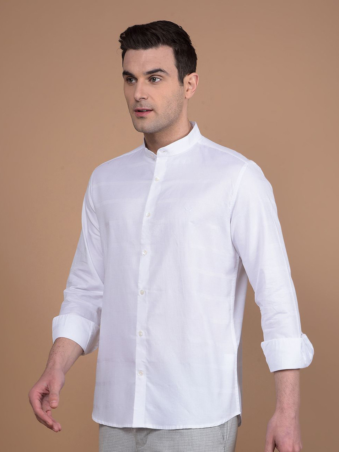 Crimsoune Club Men Classic Slim Fit Band Collar Textured Cotton Casual Shirt