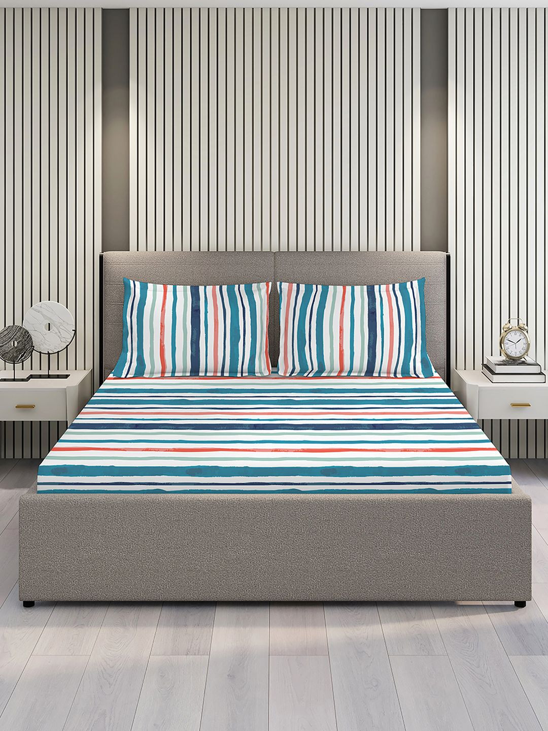 Layers Argos Blue 225 CVC Blue Stripes King Bedsheet With 2 Pillow Covers 2.74 m x 2.74 m