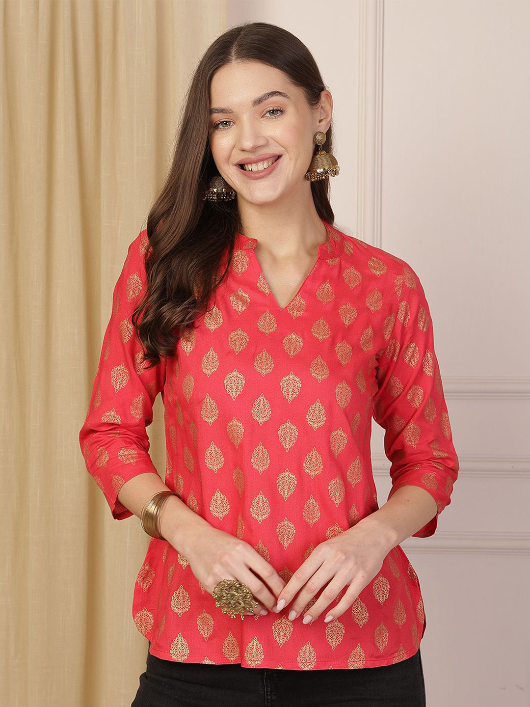 Anouk Coral Ethnic Motif Mandarin Collar Top