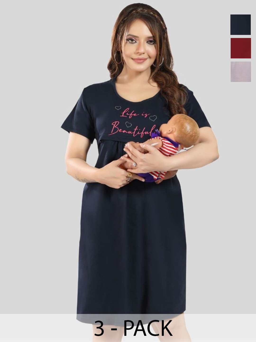 Fabme Pack Of 3 Typography Printed Maternity Knee Length A-Line Dresses