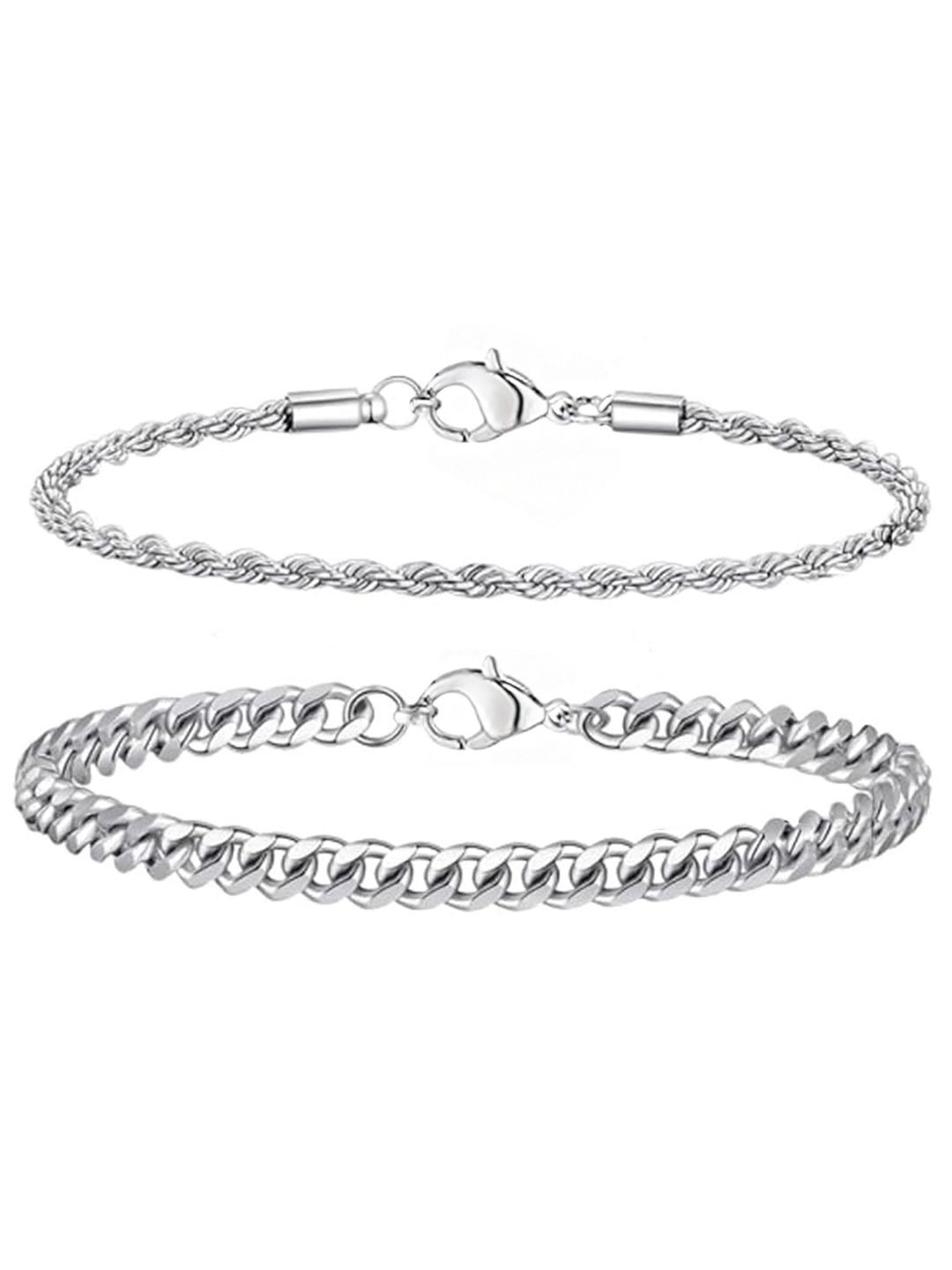 Peora Unisex Set of 2 Silver-Plated Stainless Steel Openable Fancy Link Bracelets