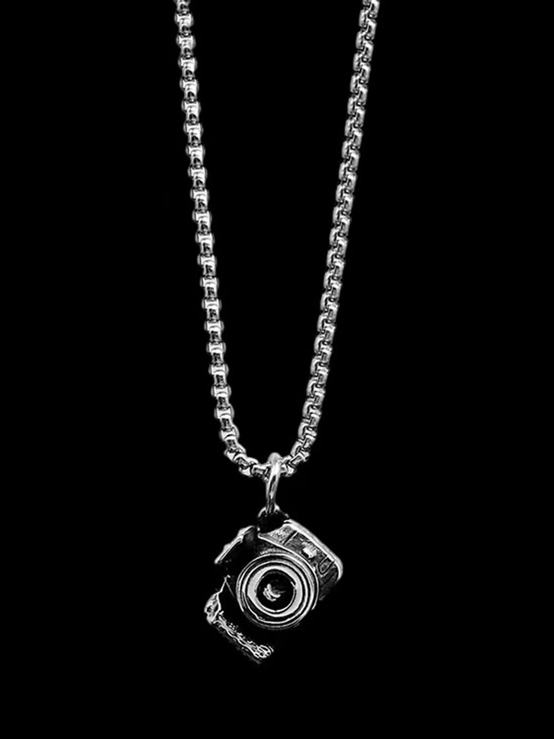 Peora Men Silver-Plated Stainless Steel Fancy Camera Pendant with Chain