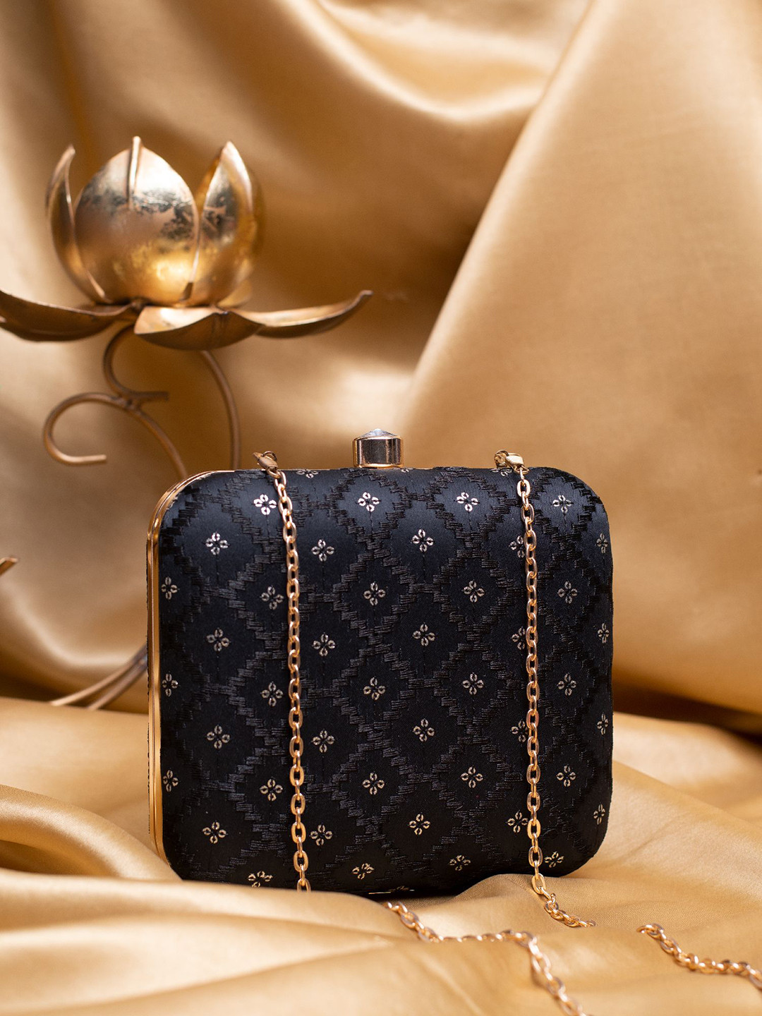 ARTKLIM Threadwork Embroidered Box Clutch with a Sling Chain