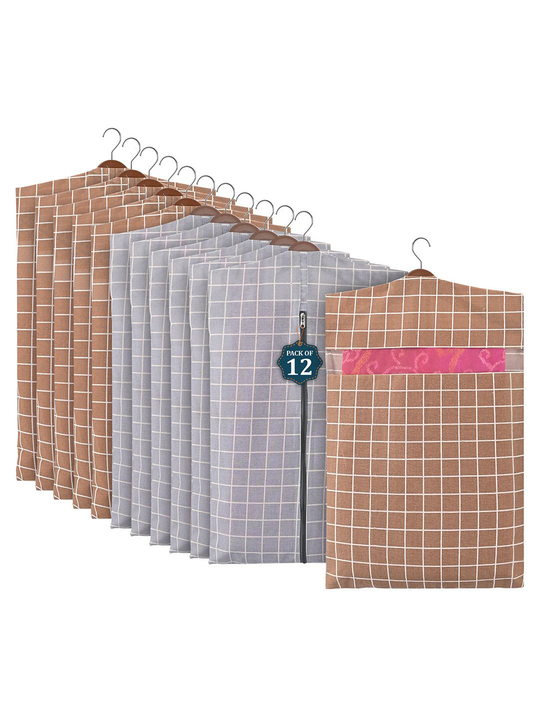 Kuber Industries Grey & Brown 12 Pieces Mesh Cotton Hanging Saree Cover Storage Organisers