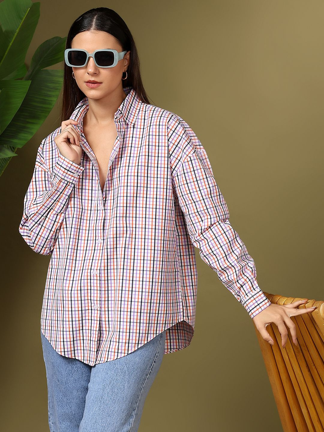 Kotty Women Spread Collar Micro Checked Cotton Casual Oversized Shirt