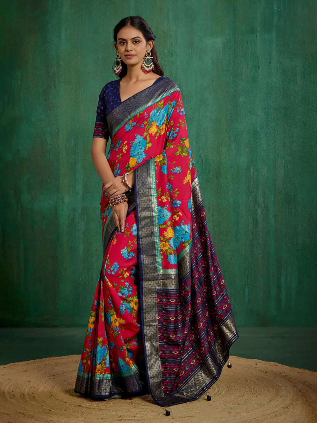 Sangria Vivid Burgundy Cotton Silk Floral Print Ready to Wear Saree