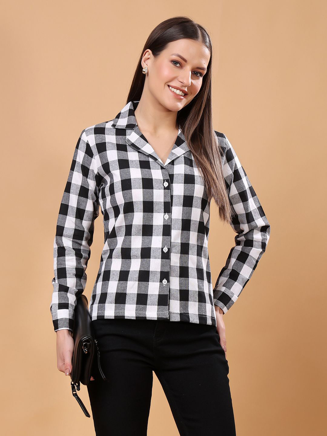 Cation Women Classic Slim Fit Cuban Collar Buffalo Checked Cotton Casual Shirt