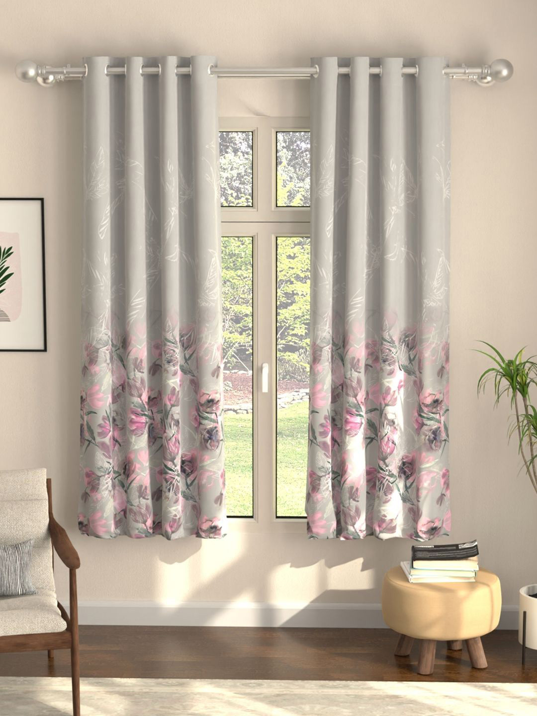 URBAN SPACE Winter Crocus Pink & Grey Set of 2 Floral Black Out Window Curtain