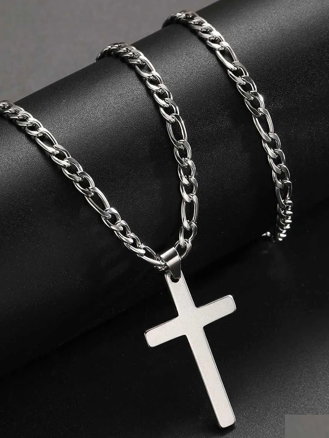 Peora Men Silver-Plated Stainless Steel Geometric Cross & Figaro Pendant With Chain