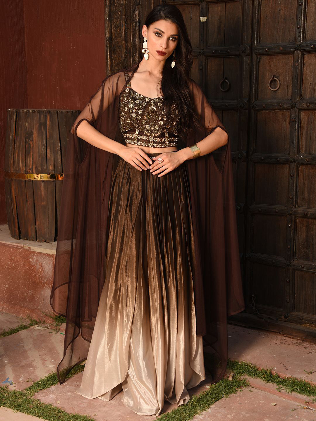 Laalzari Ombre Chinon Crop Top And Skirt With Shrug