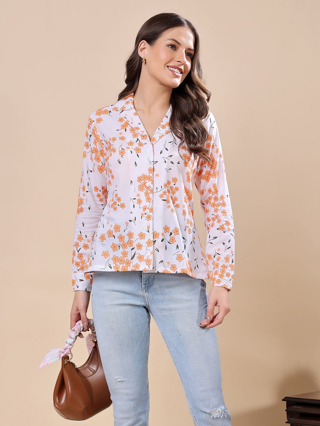 Cation Women Classic Fit Cuban Collar Floral Printed Cotton Casual Shirt