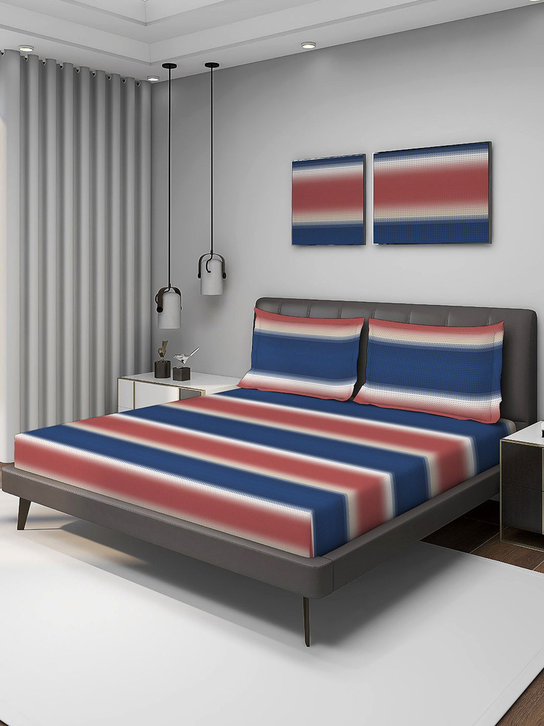 Layers White & Blue Striped 220 TC King Bedsheet with 2 Pillow Covers 2.74 m x 2.74 m