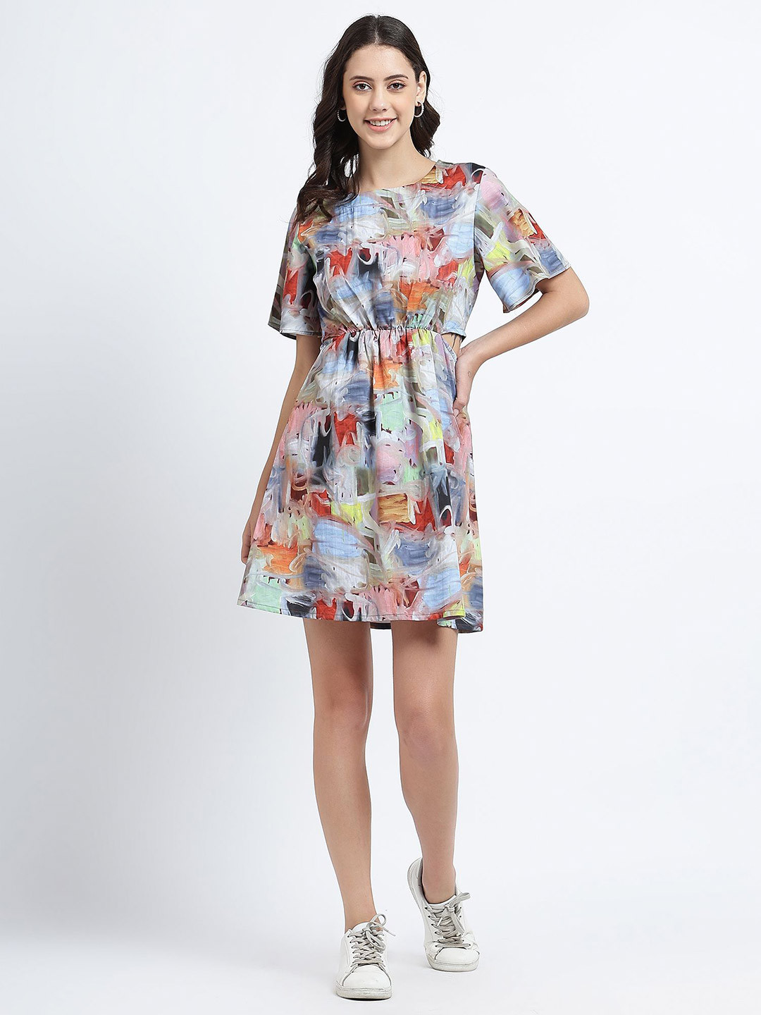STITCH MONKEY Cotton Color Stroke Printed Waist Cut-Out Dress