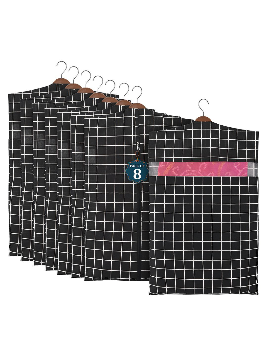 Kuber Industries Black Set of 8 Regular Cotton Hanging SareeCover Multi-Utility Organisers