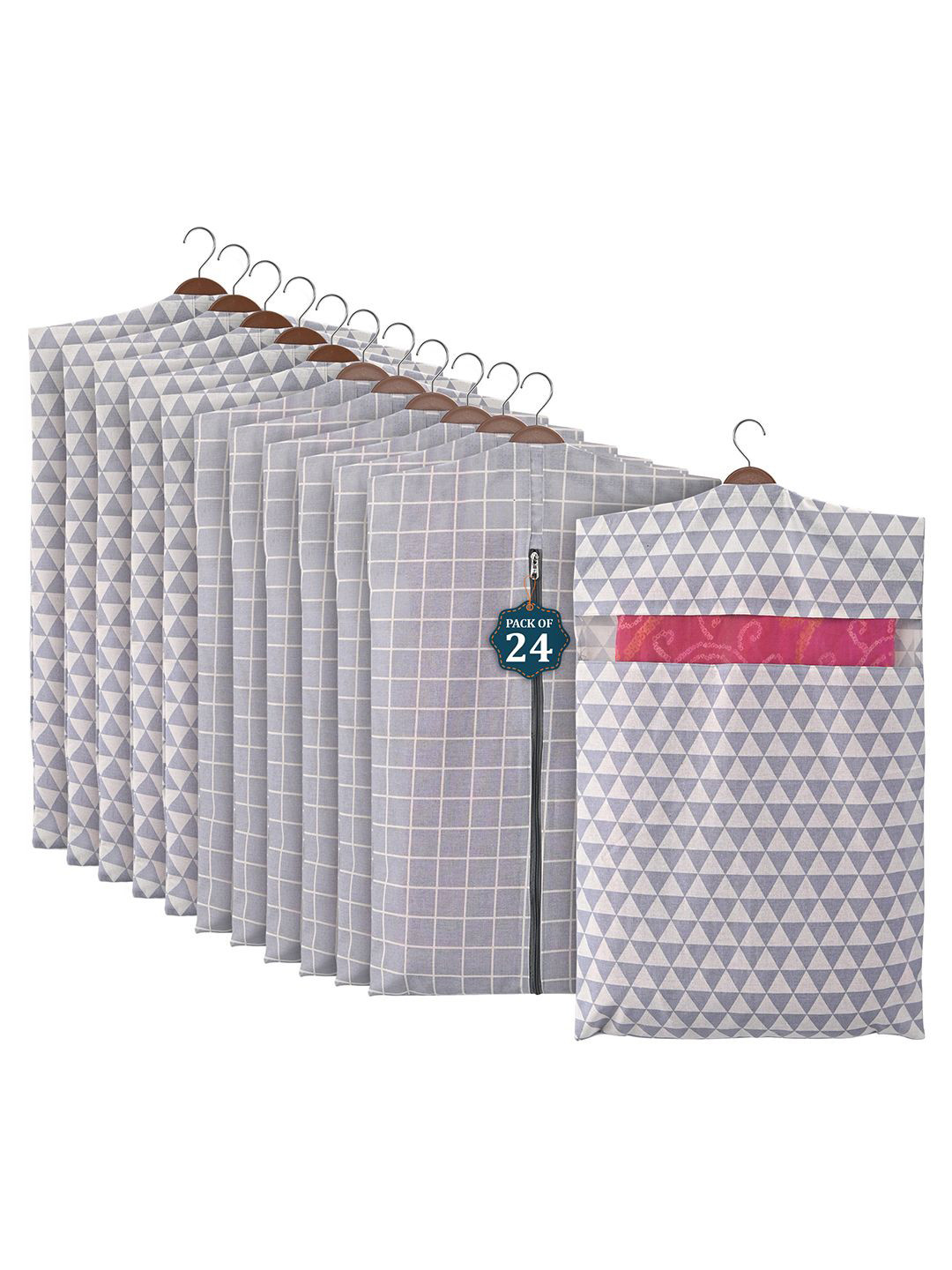 Kuber Industries Light Grey 24 Pieces Mesh Cotton Hanging Saree Cover Storage Organisers